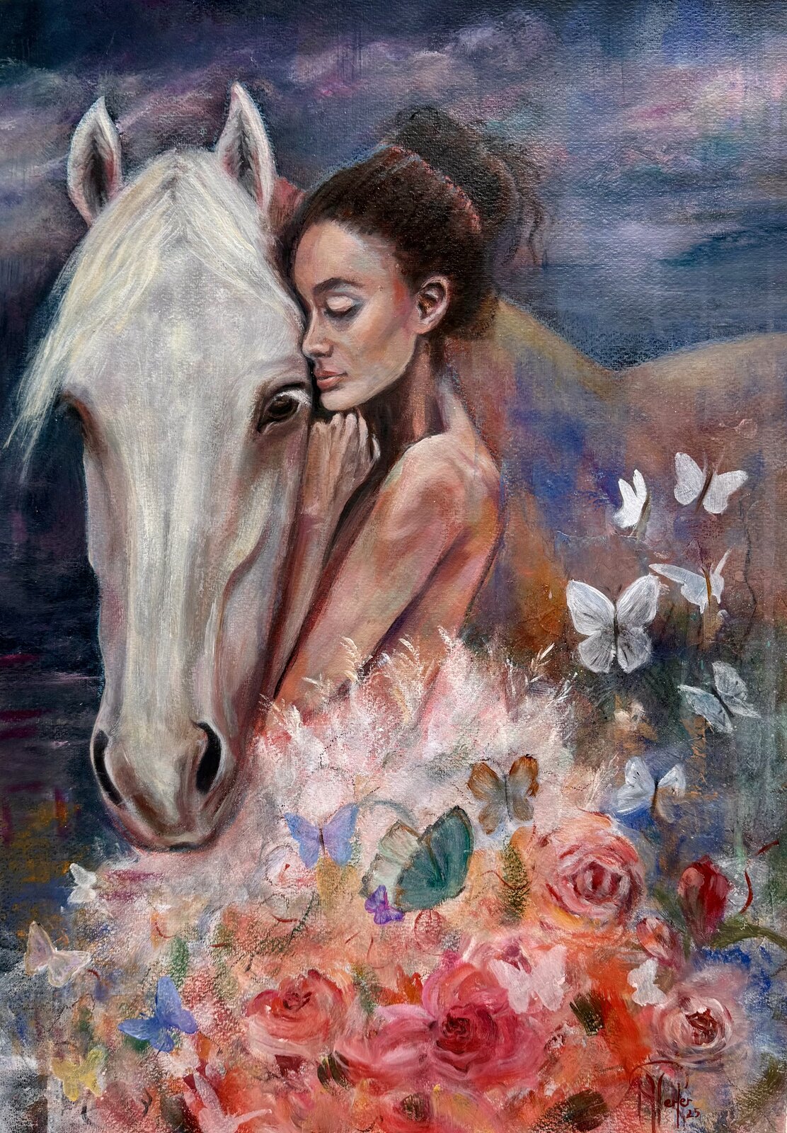 Enchantement
Dans un dialogue sans paroles, elle partage avec son confident blanc cette mystérieuse alchimie où les cœurs battent à l'unisson. Sa robe de plumes, jardin vivant de fleurs et de papillons, raconte une histoire où le temps suspend son vol. Dans cette délicate rencontre, la réalité devient enchantement.
 
Huile sur papier Arches 300gr/m2 46x62cm