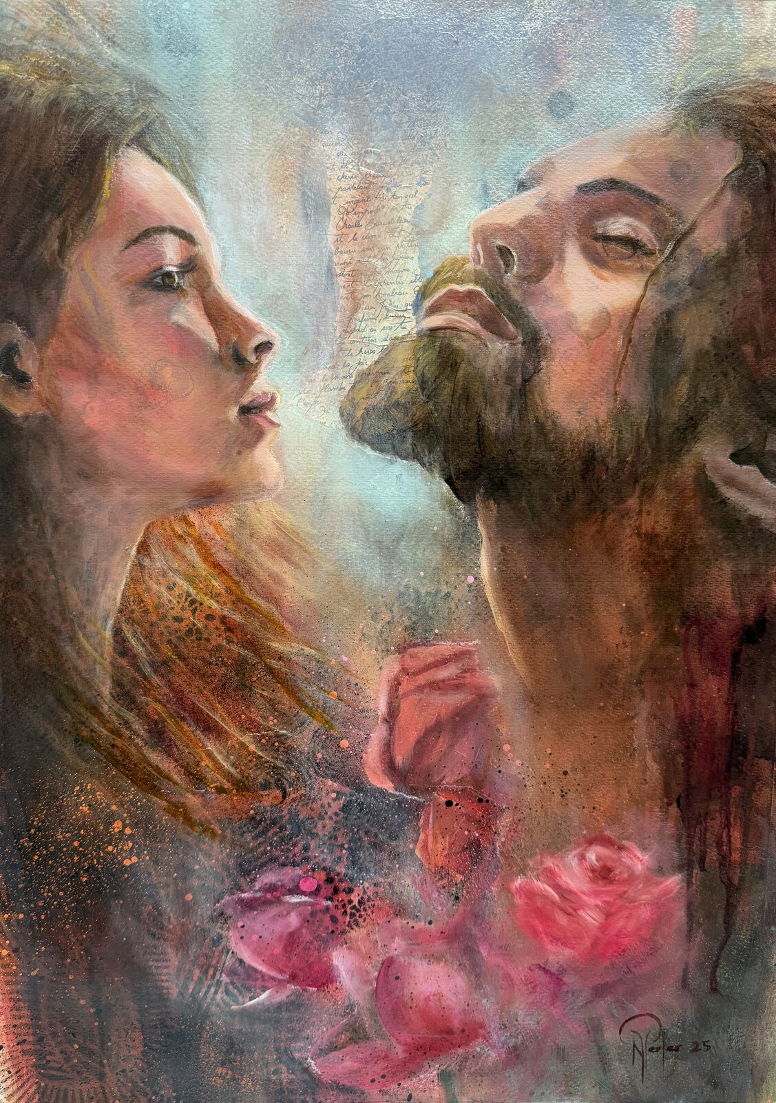 L'Etreinte de l'Instant
Il existe des moments où le temps se suspend, où l'amour devient lumière et la tendresse se fait éternité. Dans cette danse des âmes baignée d'or, la grâce du présent s'épanouit comme une rose. Ici, les cœurs s'entrelacent dans un abandon total, là où les mots deviennent superflus et où seule la présence pure demeure. C'est dans ces instants de communion parfaite que l'amour révèle sa véritable essence : celle d'un infini qui se goûte dans le silence d'une étreinte.
Huile sur papier Arches 300gr/m2 46x62cm